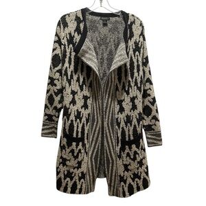 Lucky Brand Black, Cream, Gray Textured Long Line Open Cardigan Sweater - Medium